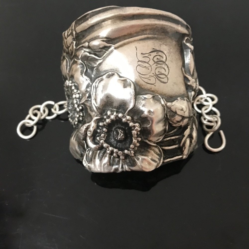 Floral Sterling Silver 925 Wide Cuff Bracelet Victorian Art Nouveau - Picture 4 of 7